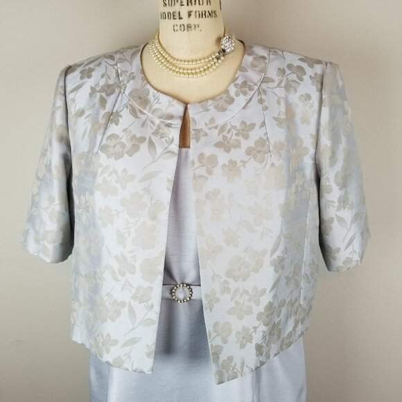 Beautiful Powder Blue Sheath Dress & Floral Jacket & Rhinestone Belt * Size 16 - Picture 3 of 12